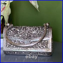 Vintage Hand Chased Oriental Hard Case Silver plated Box Purse