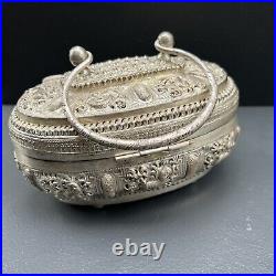 Vintage Hand Chased Oriental Strait Chinese Hard Case Silver plated Box Purse