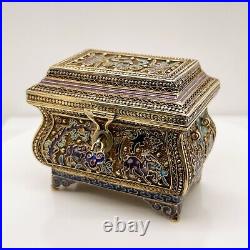 Vintage Miniature Chinese Gilt Silver Filigree & Enamel Box or Treasure Chest VR