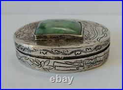 Vintage Ornate Marked China Silver Jade Oval Pill Box