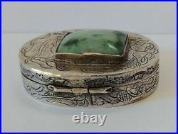 Vintage Ornate Marked China Silver Jade Oval Pill Box