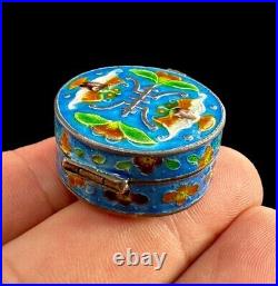 Vintage Silver Hand Painted Chinese Cloisonne Round Trinket Pill Box