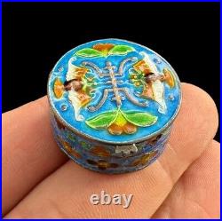 Vintage Silver Hand Painted Chinese Cloisonne Round Trinket Pill Box