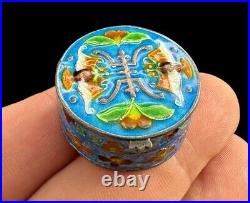 Vintage Silver Hand Painted Chinese Cloisonne Round Trinket Pill Box