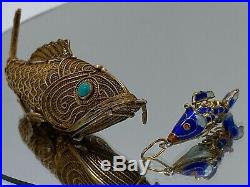Vintage sterling silver Jade eyes Chinese fish pill box Pendant +Bonus BabyFish