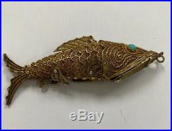 Vintage sterling silver Jade eyes Chinese fish pill box Pendant +Bonus BabyFish