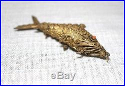 Vintage sterling silver coral Chinese articulated fish pill box necklace charm