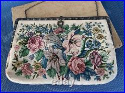 Vntg ZEE SUNG Chinese Silver Frame Petit Point Floral Purse Handbag Org Box 1941