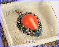 Vtg Beautiful Chinese Export Sterling Silver Red Coral Pendant Enamel In Box