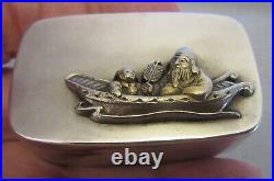 Vtg Chinese 925 Silver Box applied gold figures Old Man Scholar & Boy in Boat 2