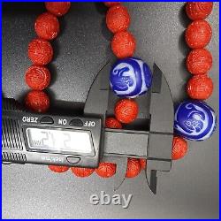 Vtg Chinese Export Carved Red Cinnabar Bead Necklace with Cameo Glass Beads