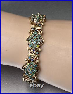 Vtg Chinese Export Sterling Vermeil Enamel Bracelet, Peacock Shades Blue & Green