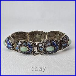 Vtg Chinese Silver Gold Vermeil Jade Jadeite Cloisonne Enamel Butterfly Bracelet