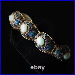 Vtg Chinese Silver Gold Vermeil Jade Jadeite Cloisonne Enamel Butterfly Bracelet