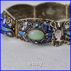 Vtg Chinese Silver Gold Vermeil Jade Jadeite Cloisonne Enamel Butterfly Bracelet