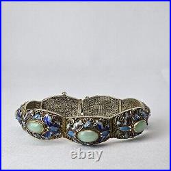 Vtg Chinese Silver Gold Vermeil Jade Jadeite Cloisonne Enamel Butterfly Bracelet