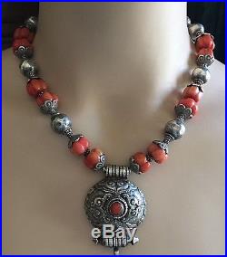 Vtg Chinese Tibetan Carved Coral Gourd Bead Silver Necklace Gau Box Pendant