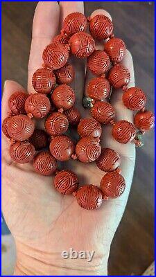 Vtg Cinnabar lacquer bead necklace hand-knotted silver Clasp Chinese Shou Export