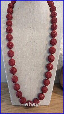 Vtg Cinnabar lacquer bead necklace hand-knotted silver Clasp Chinese Shou Export