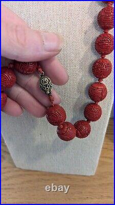 Vtg Cinnabar lacquer bead necklace hand-knotted silver Clasp Chinese Shou Export