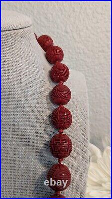 Vtg Cinnabar lacquer bead necklace hand-knotted silver Clasp Chinese Shou Export