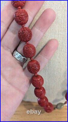 Vtg Cinnabar lacquer bead necklace hand-knotted silver Clasp Chinese Shou Export