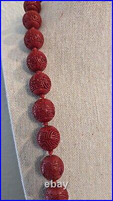 Vtg Cinnabar lacquer bead necklace hand-knotted silver Clasp Chinese Shou Export