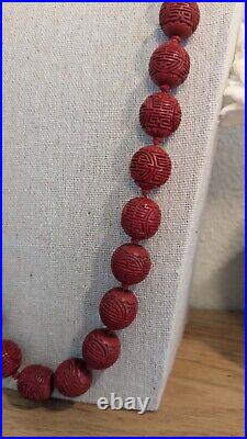 Vtg Cinnabar lacquer bead necklace hand-knotted silver Clasp Chinese Shou Export