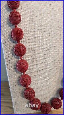 Vtg Cinnabar lacquer bead necklace hand-knotted silver Clasp Chinese Shou Export