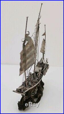 Vtg c1900 Sing Fat Antique Chinese Export Solid 900 Silver War Junk Boat Ship