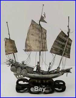 Vtg c1900 Sing Fat Antique Chinese Export Solid 900 Silver War Junk Boat Ship