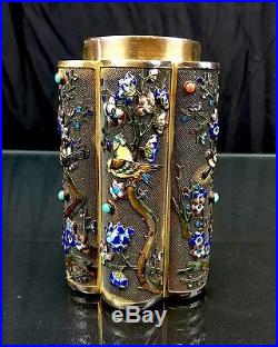 Wonderful Antique Chinese Export Silver Enamel And Gold Gild Tea Caddy Box