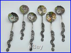Wonderful Quality Set 6 Chinese Silver & Enamel Spoons In Box