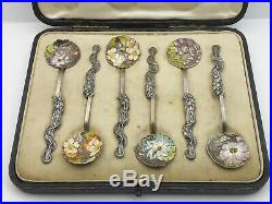 Wonderful Quality Set 6 Chinese Silver & Enamel Spoons In Box