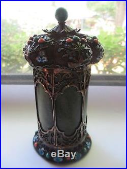 XFINE ANTIQUE CHINESE SILVER ENAMEL CORAL&TURQUOISE WithJADE INSERT TEA CADDY