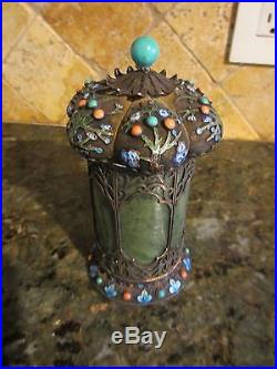XFINE ANTIQUE CHINESE SILVER ENAMEL CORAL&TURQUOISE WithJADE INSERT TEA CADDY