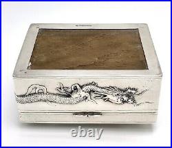 ZEE SUNG Chinese Sterling Silver Asian Dragon Wood Lined Cigarette Case Box