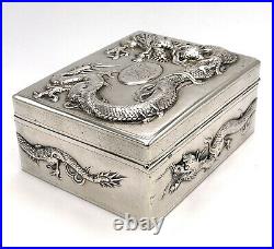 ZEE SUNG Chinese Sterling Silver Asian Dragon Wood Lined Cigarette Case Box